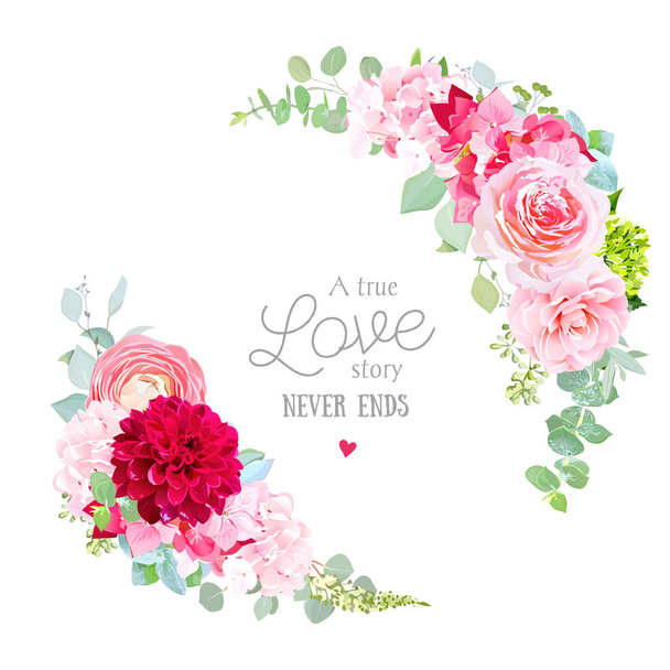 Floral vector round frame with pink rose, hydrangea, camellia - Vecteur, image