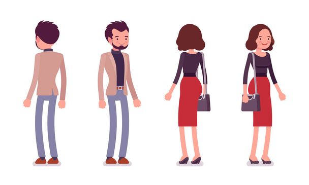 Lady and gentleman in standing pose, rear and front view - Vector, Image