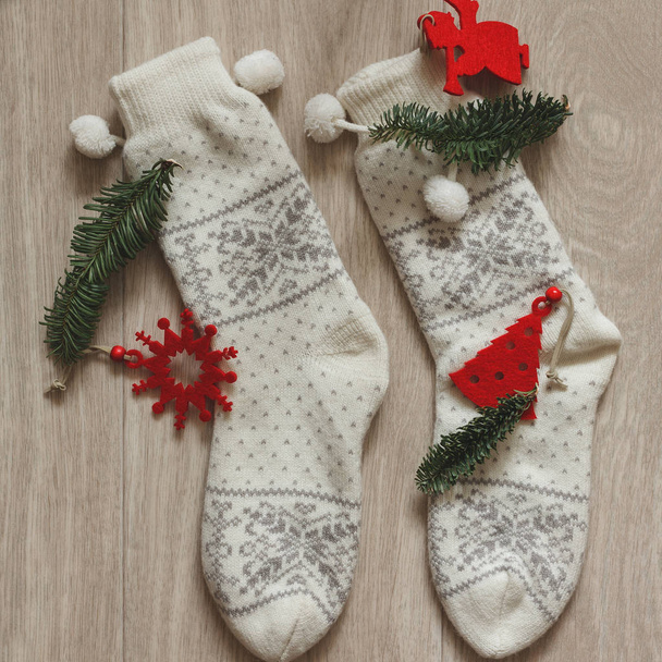 White christmas slippers. Top view. Hygge style - Foto, imagen