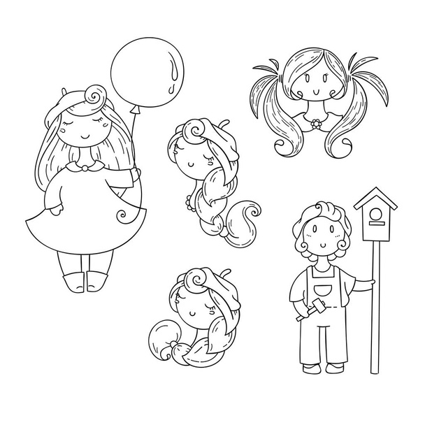 Set of doodle children. Boy with birdhouse, cute girls. - Vector, Image