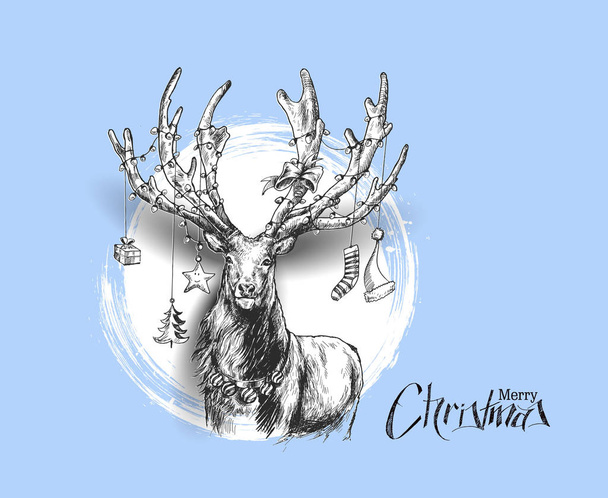 Happy Christmas - Cartoon Style Hand Sketchy drawing of reindeer - Vector, Image