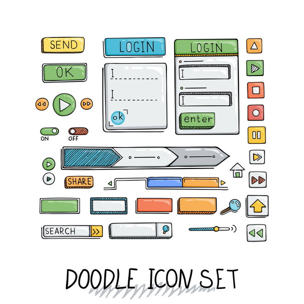 Hand drawn vector icons set website development doodles elements. - ベクター画像
