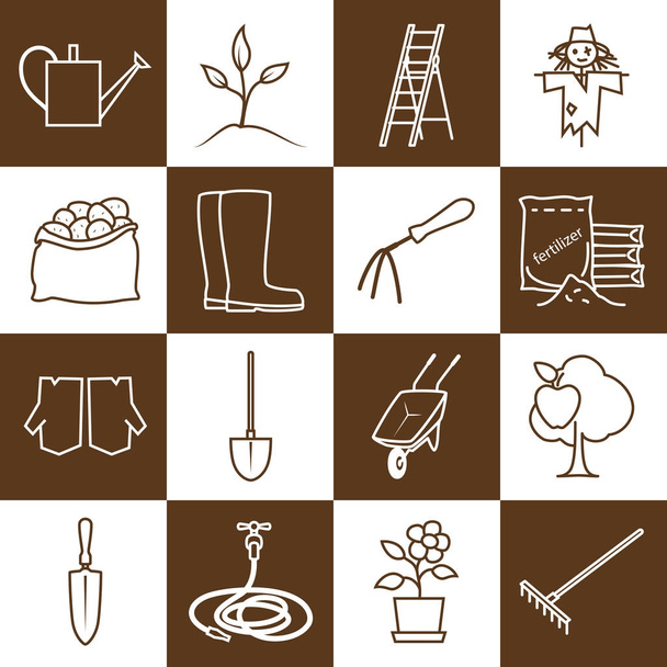 Lijn bruin pictogrammen tuinieren apparatuur - Vector, afbeelding