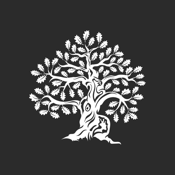 Huge and sacred oak tree silhouette logo badge isolated on dark background. - Vettoriali, immagini