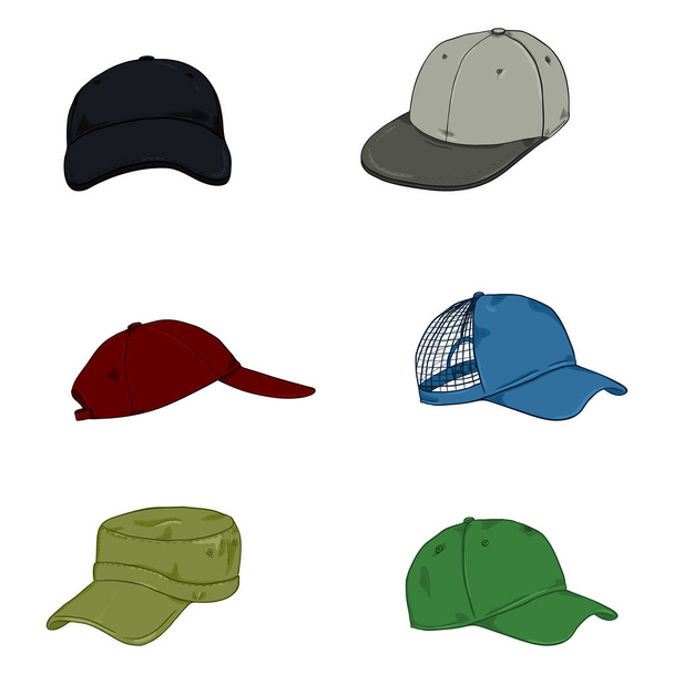 Set Cartoon kleur Baseball Caps. Kant en voorzijde Views. - Vector, afbeelding