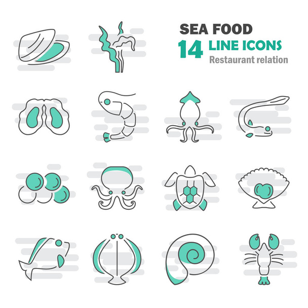 Sea food line icons set for web and mobile design - ベクター画像
