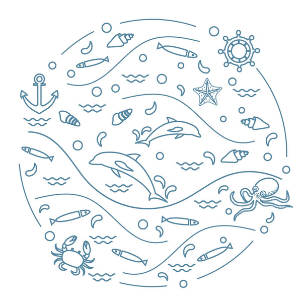 Cute vector illustration with dolphins, octopus, fish, anchor, h - Vector, afbeelding