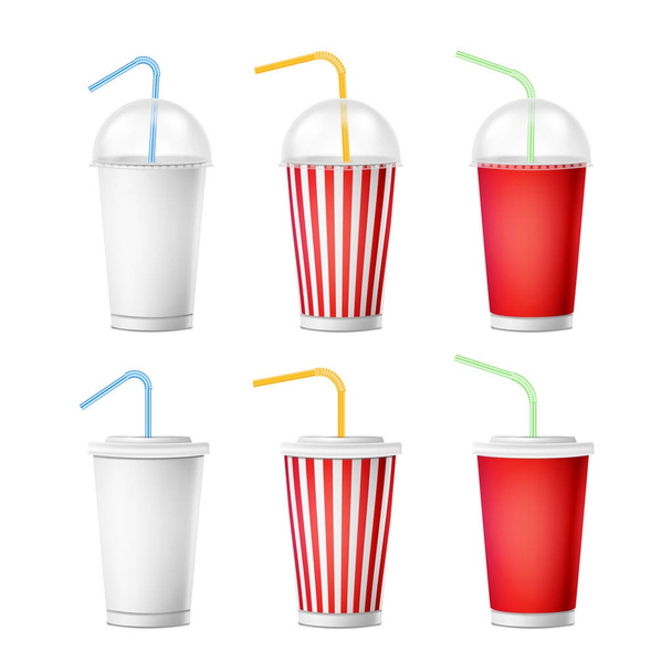 Soda Cup sjabloon Vector. 3D-realistische papier wegwerp bekers instellen voor dranken met een rietje drinken. Geïsoleerd op een witte achtergrond. Afbeelding van de verpakking - Vector, afbeelding