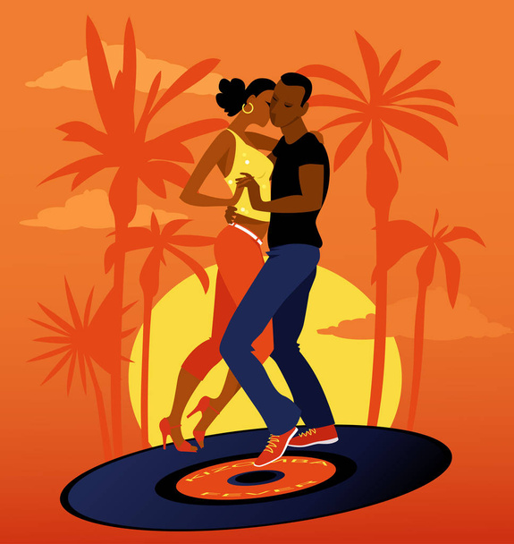Young Latin couple dancing kizomba, salsa or bachata on a record, tropical landscape on the background, EPS 8 vector illustration, no transparencies - Vector, Image