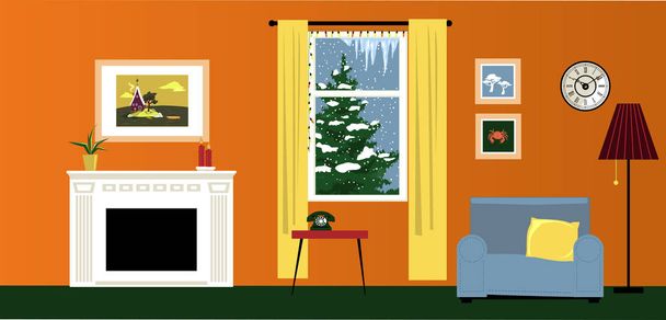 Interior de um aconchegante quarto familiar com lareira e recanto de leitura, paisagem de inverno atrás da janela, ilustração vetorial EPS 8
 - Vetor, Imagem
