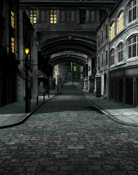 Rue de nuit avec bâtiments de la ville du 19ème siècle
 - Photo, image