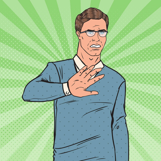 Pop Art Disgusted Man. Guy Showing Stop Hand Sign. Vector illustration - Vector, Image