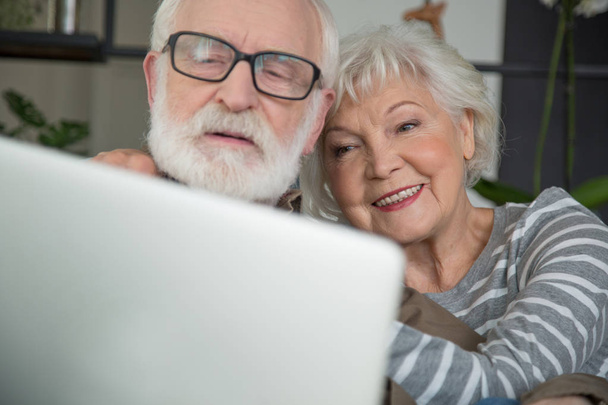 Happy old couple looking in notebook at home - Foto, Imagen