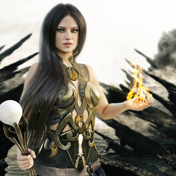 Fantasy wizard female with flames coming from her hands and a mythical skull island in the background. 3d rendering - Zdjęcie, obraz