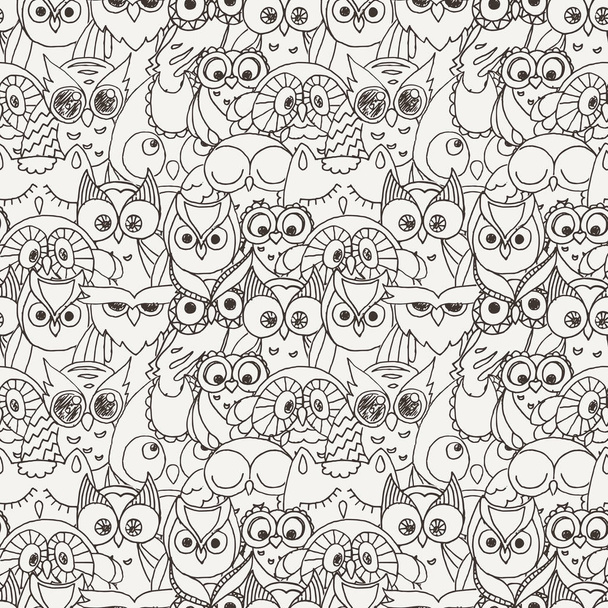 Seamless Pattern with Furry Doodle Owls. - Vector, Image