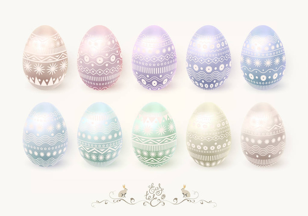Feliz Pascua. Un conjunto de coloridos huevos de Pascua pastel con un delicado adorno. Objetos 3D aislados. Conejito de Pascua, letras. Ilustración vectorial
 - Vector, imagen