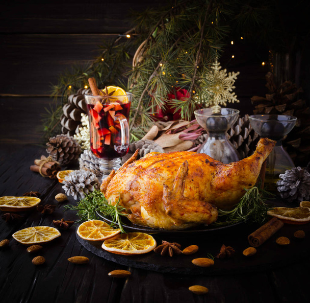 Baked turkey for Christmas or New Year Thanksgiving Day selective focus - Photo, Image