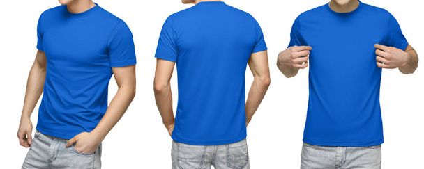 Fiatal férfi üres kék pólóban, első és hátsó nézet, elszigetelt fehér háttér a vágógörbét. Tervezősablon férfi póló és a mintadarab nyomtatása - Fotó, kép