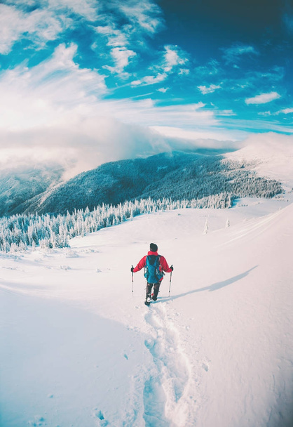 Un homme en raquettes dans les montagnes en hiver
.  - Photo, image