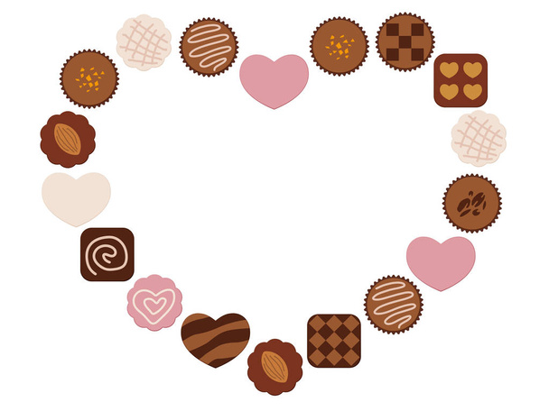Verschillende chocolade gerangschikt als een hart vorm frame met tekst ruimte op een witte achtergrond. - Vector, afbeelding