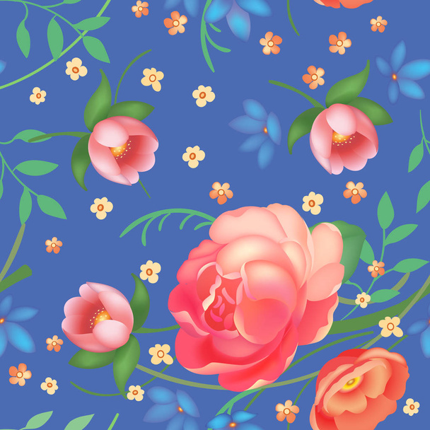 Shabby chic vintage roses, tulips and forget-me-nots vintage seamless pattern, classic chintz floral repeat background for web and print - Вектор,изображение