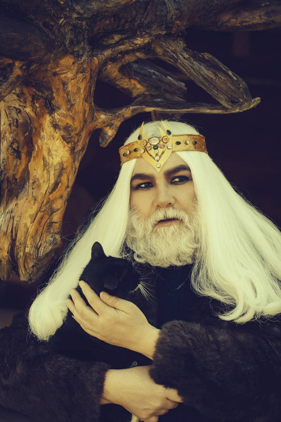Old druid with cat - Foto, imagen