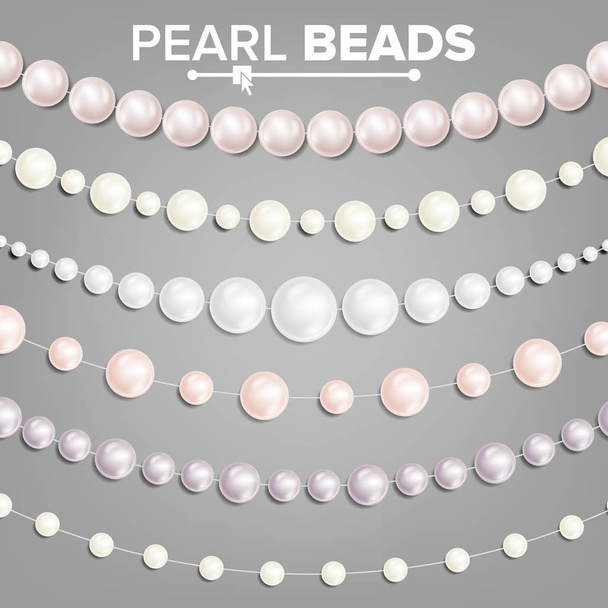 Pearl Beads Set Vector. 3D Realistic Shiny White Garlands. Necklace Jewelry. Wedding, Christmas Decoration. Illustration - Vector, Image