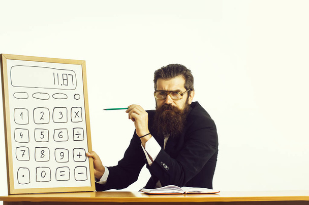 bearded man professor glasses with calculator - Foto, immagini