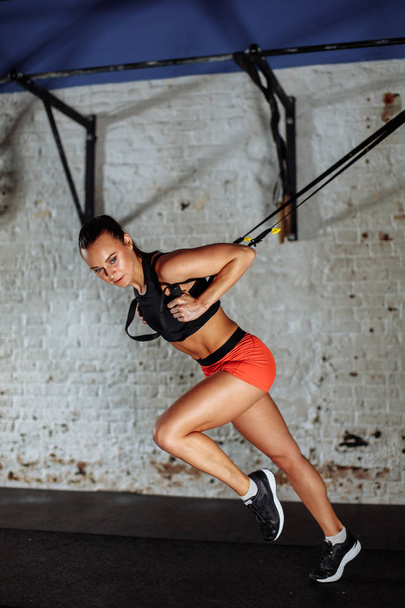 Trx concept. lady exercising her muscles with help of suspension trainer sling - Photo, Image