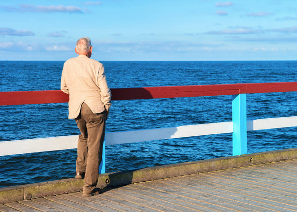 Man on Sea Bridge looking Baltic sea in Palanga resort - Foto, immagini