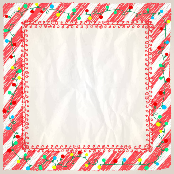 Frame with garland lights and red stripes on a paper - Vector, Image