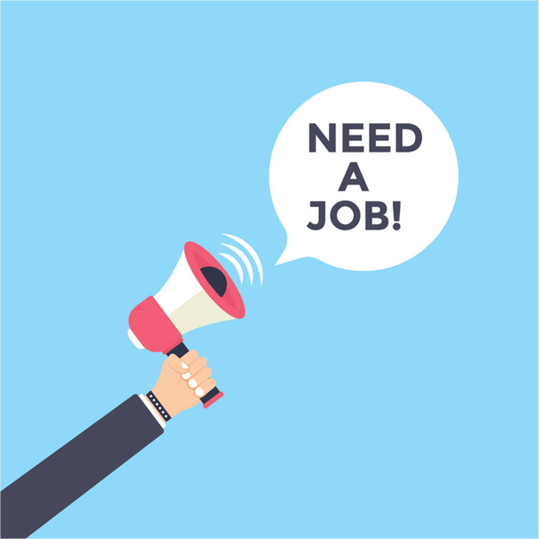 Ilustración vectorial de un altavoz y la burbuja del habla diciendo que necesita un trabajo que indica la búsqueda de empleo
 - Vector, imagen