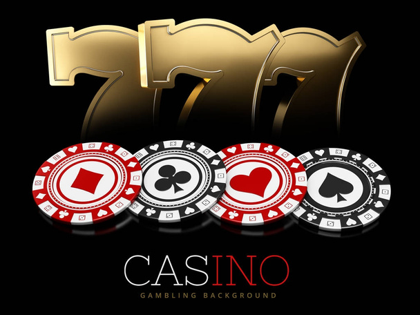 Slotmachine en casinofiches borden op zwarte achtergrond, 3d illustratie - Foto, afbeelding