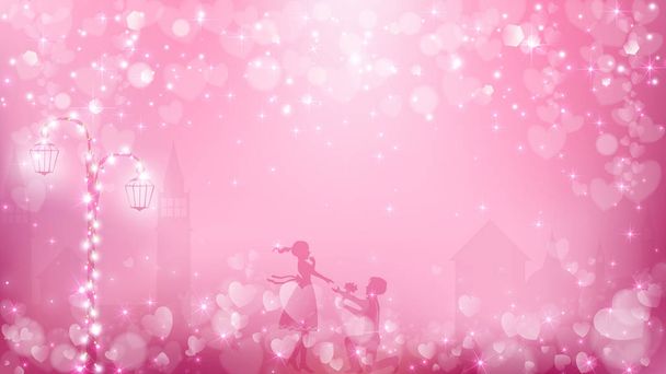 ロマンチックな瞬間のストリート ビューとして抽象的なバレンタイン背景にパステル色のトーン、フェアリー ライト、透明な町の背景と街路灯が含まれています、愛、無料のカップル スペースの真ん中に. - ベクター画像