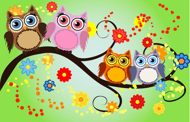 Bright cute cartoon owls sit on the flowering branches of fantastic trees - Vektör, Görsel