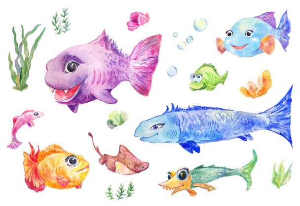 Cartoon watercolor fishes,sea illustration - Vector, Imagen