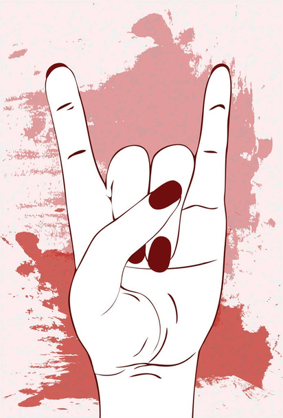Heavy metal hand gesture. Rock festival poster.  Rock-n-roll sign with red and pink paint stains on white background. Template for slogan, poster, flyers, banner and etc. Vector illustration. - Vecteur, image