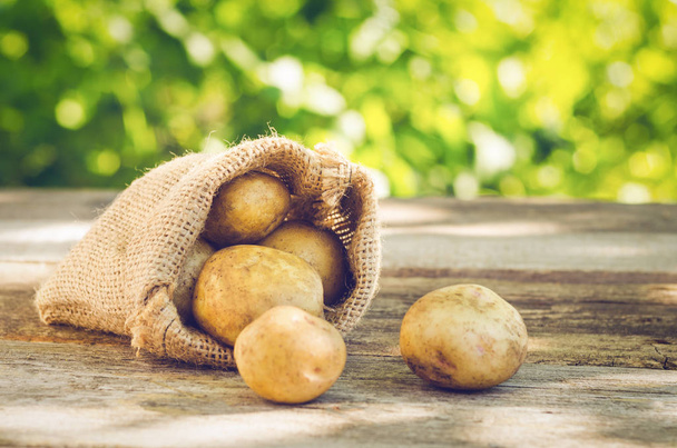 Young potatoes in a sack on a wooden table - Photo, Image