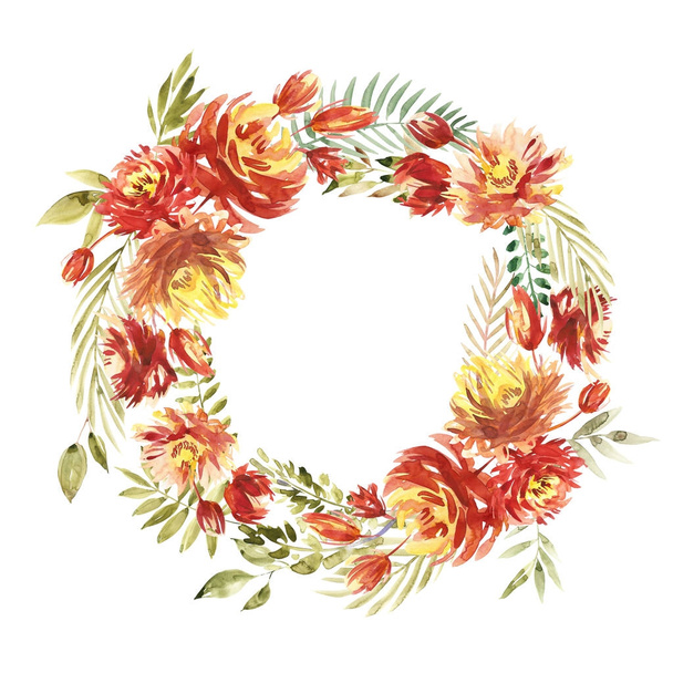 Round Watercolor flower Wreath. Circular red Peony wreath. Isolated on white background. - Фото, изображение