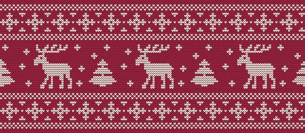 Christmas background. Knitted pattern with deers and fir trees on a red background. Ornament. Seamless border. It can be used as a background. Vector illustration. - Vector, Image