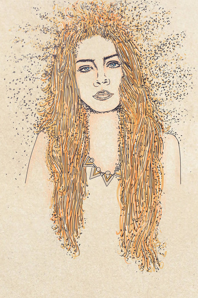 series of women drawn in cartoon portraits, with sand in their hair - Foto, Bild