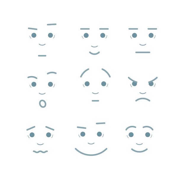 Мультфільм обличчя вирази векторний набір. Творчий стиль посмішок з різними емоціями смуток біль шок радість натхнення гнів сум
. - Вектор, зображення