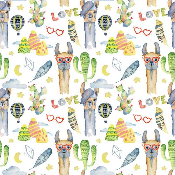 Watercolor llama, alpaca and cactus tropical seamless pattern Hand drawn background - Photo, image
