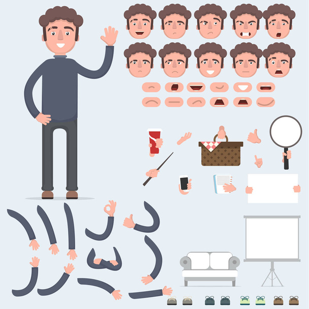 Creating a young guy with a lot of different views, emotions, postures and gestures. Cartoon style, flat vector illustration. - Vector, Image