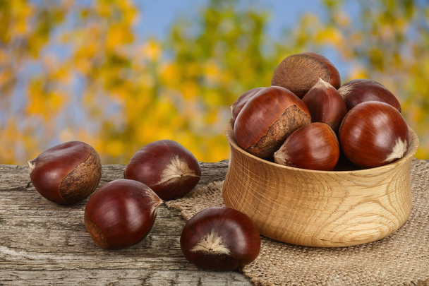 chestnut in bowl on the old wooden table with blurred garden background - Photo, Image