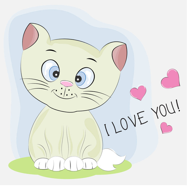 Cute cartoon kitty with lettering I Love You.  - ベクター画像