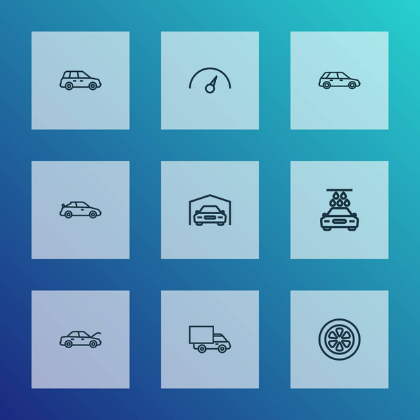 Auto iconos estilo de línea conjunto con hatchback, camión, crossover y otros elementos del cobertizo. Iconos de auto ilustración vectorial aislado
. - Vector, imagen