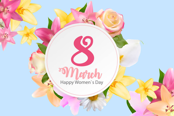 Cartel Internacional Feliz Día de la Mujer 8 Marzo Saludo floral c
 - Vector, Imagen