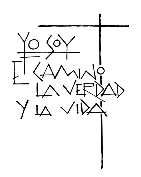 Ilustração vetorial desenhada à mão da Cruz Cristã Religiosa com frase em espanhol significa: Eu sou o caminho, a verdade e a vida
 - Vetor, Imagem