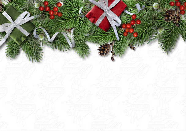 Christmas border branches and holly on white background - Photo, Image